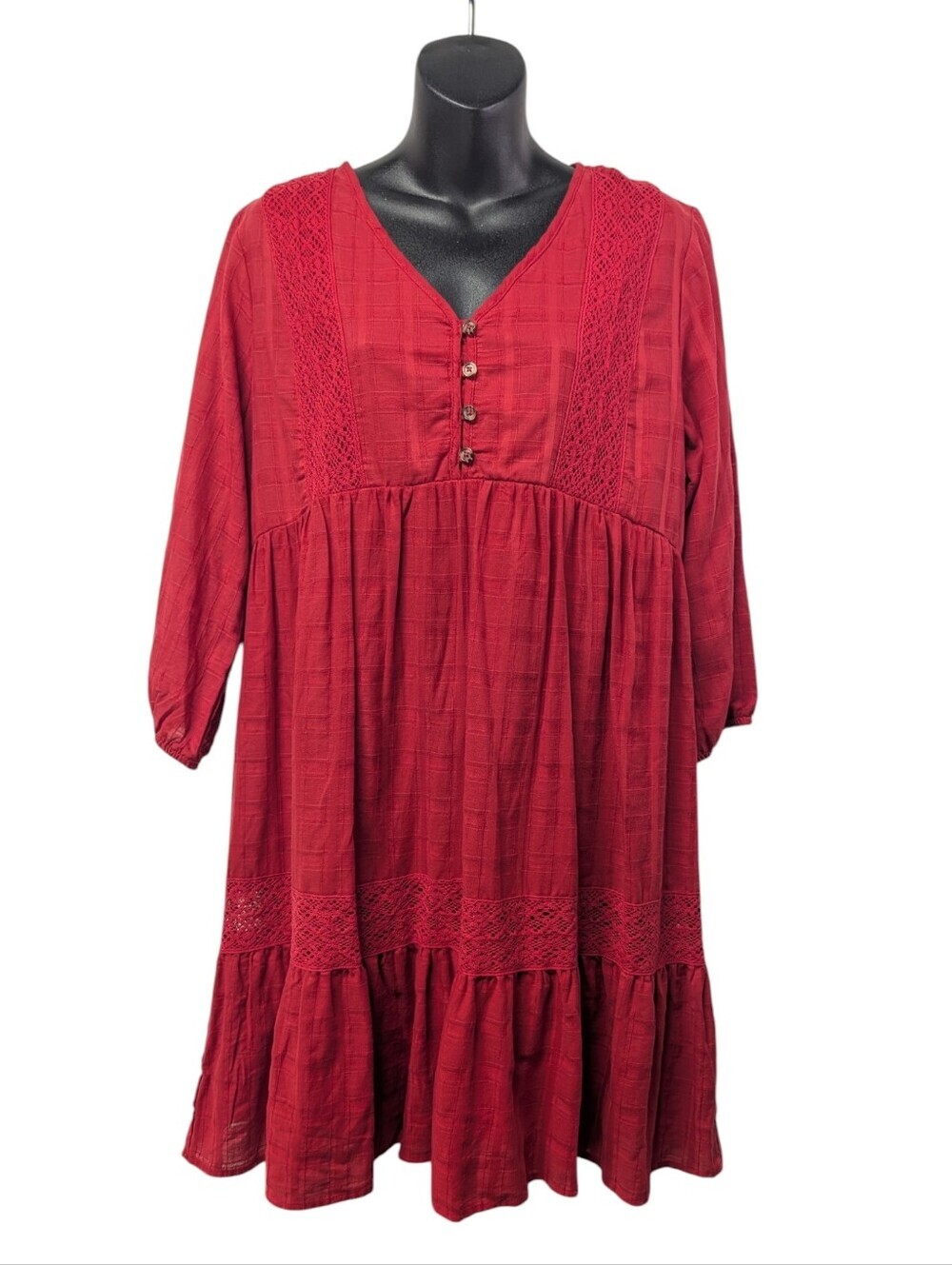 Knox Rose Size M Red Lace Eyelet Crochet Tiered Long Sleeve Boho Peasant Dress